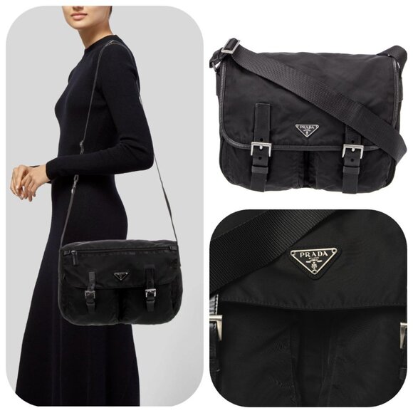 Prada Tessuto Vintage Nylon Saffiano Vela large Messenger Bag Black - Picture 1 of 17